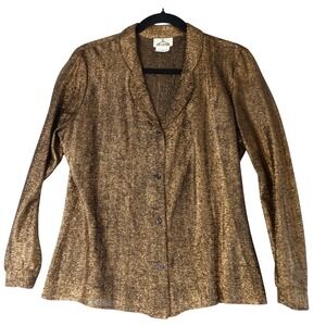 Vintage 70s Disco Shirt Womens M Gold Metallic Shimmer Retro Glam Button Up Top
